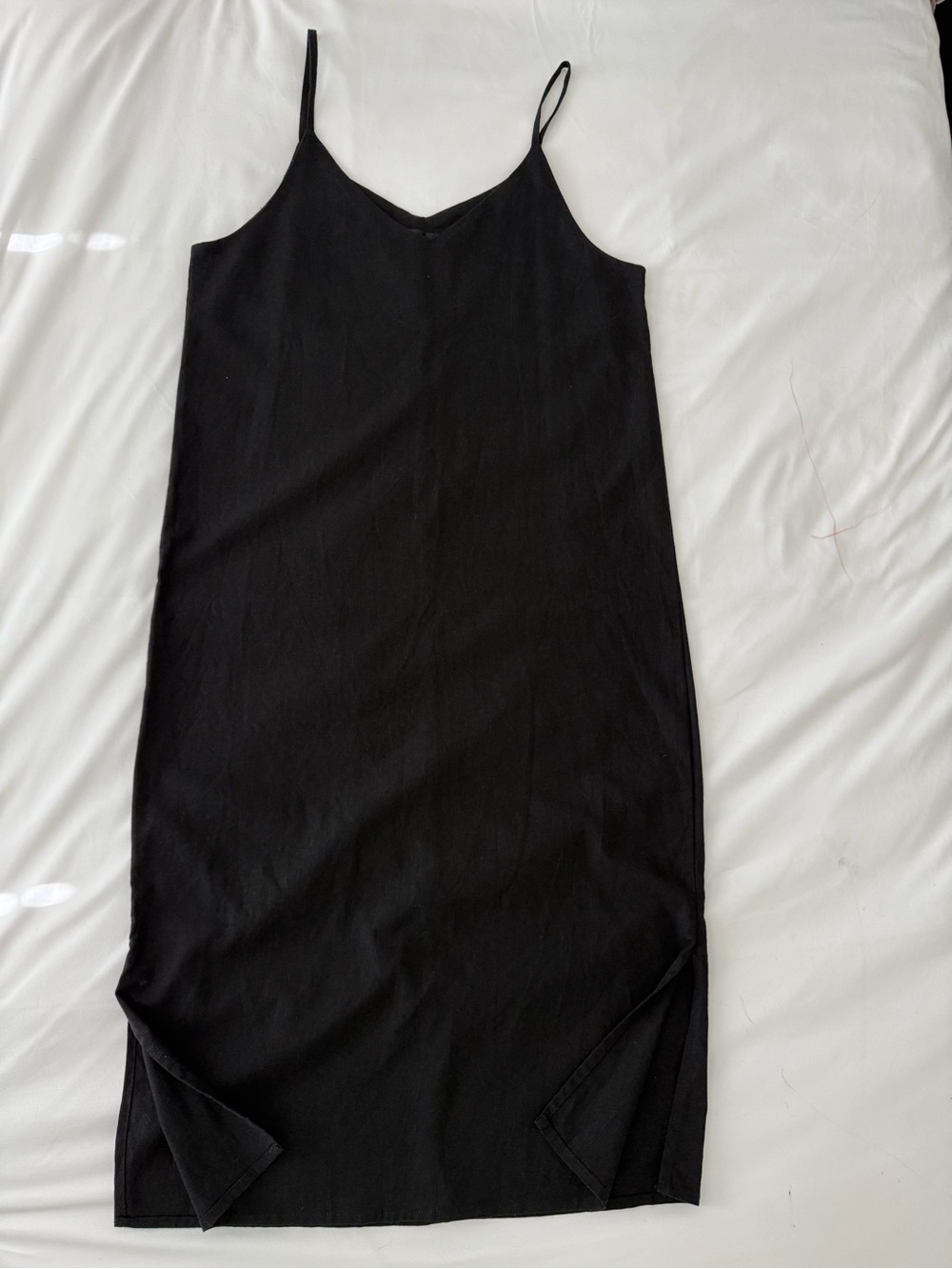 Black Lenin Midi Slip Dress with Side Slits